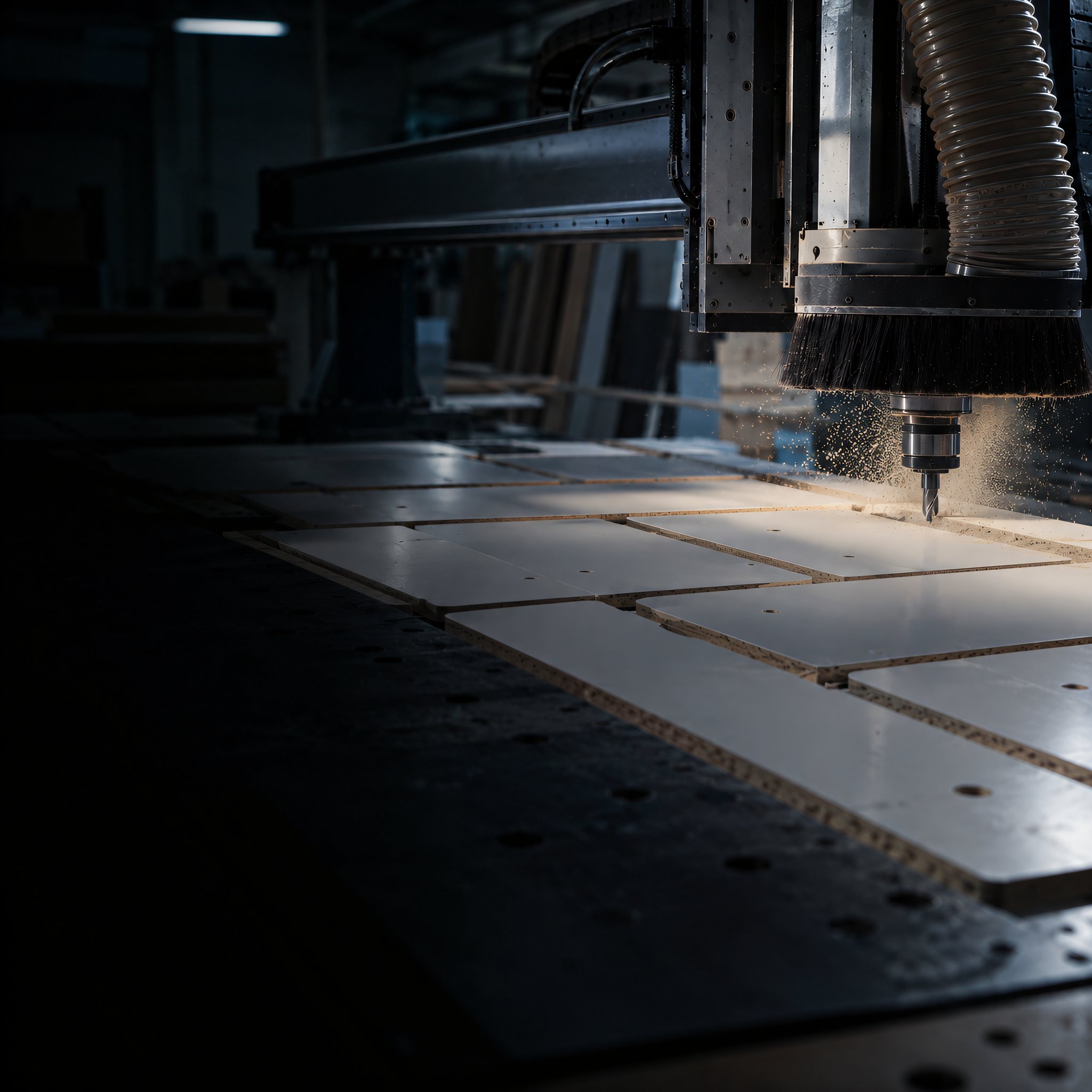 Beyaz melamin plakadan mobilya parçalarını kesen CNC nesting tezgâhı