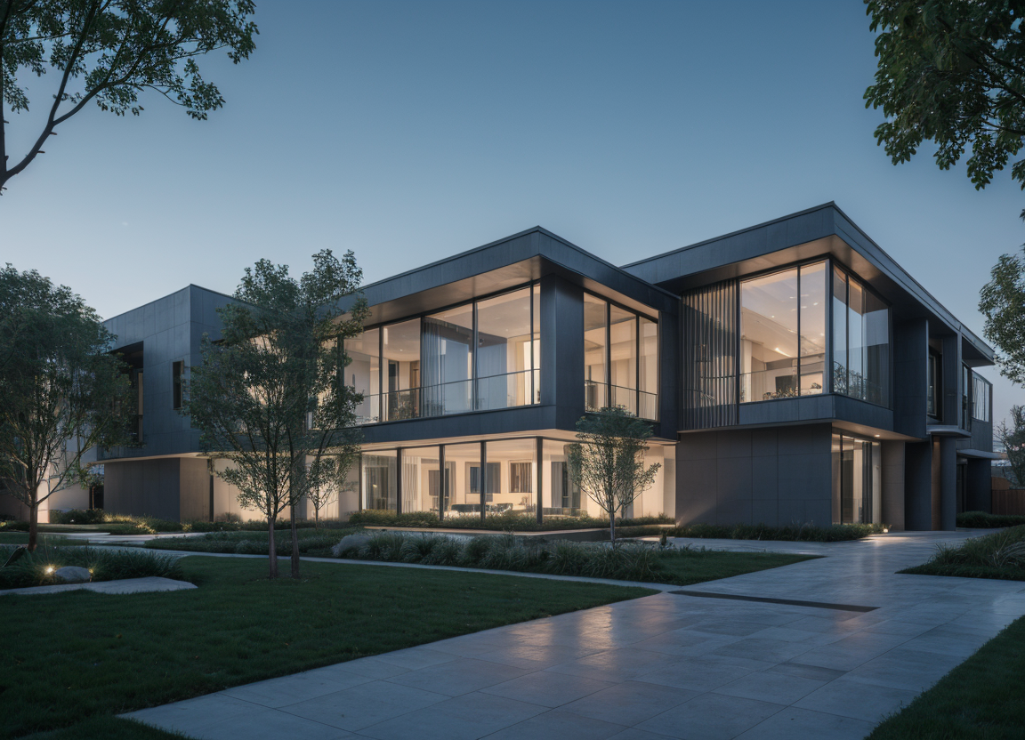 Akşam ışığında modern iki katlı yapı renderı